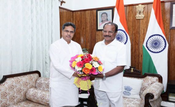 Tripura CM Dr Manik Saha meets Governor Indrasena Reddy Nallu at Lok Bhavan, Agartala.